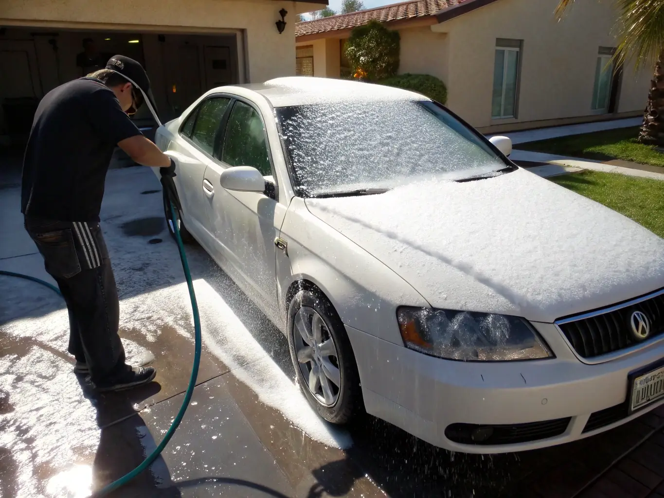 A car being washed and foamed, with a focus on the high-quality cleaning products and equipment used to protect the paint.