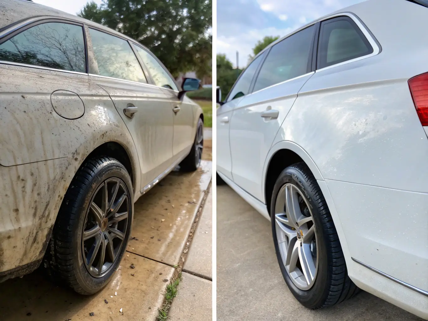 A before-and-after image showcasing a car's exterior before and after a full detailing service, highlighting the dramatic improvement in appearance and condition.