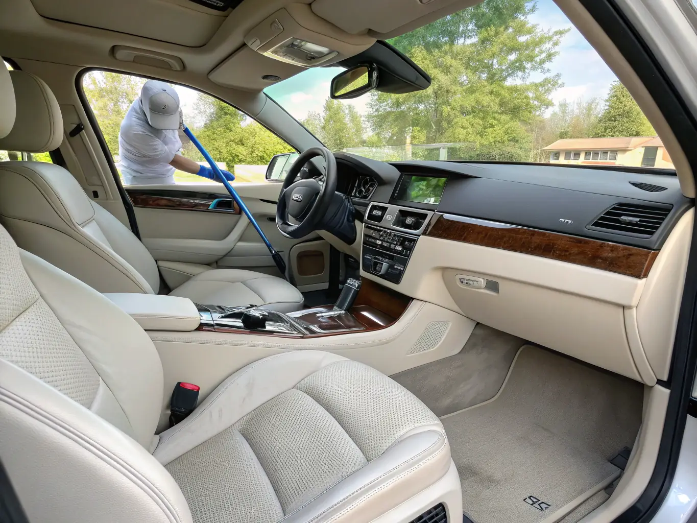 An image of a car's interior being meticulously cleaned, with attention to detail on the dashboard, seats, and carpets, highlighting the cleanliness and freshness.
