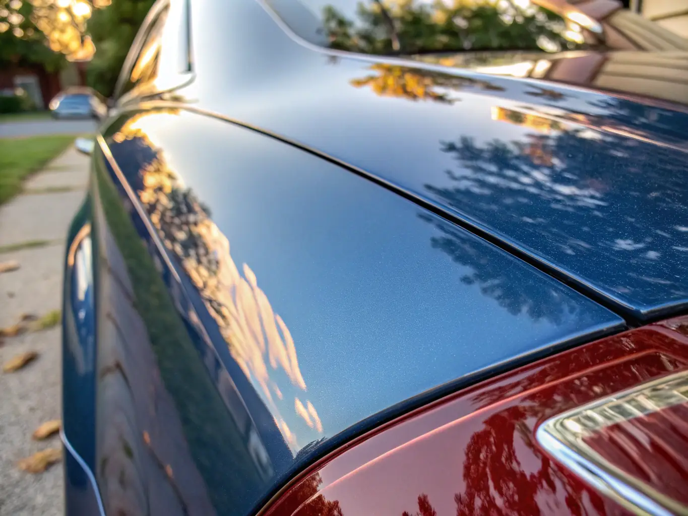 A close-up shot of a freshly detailed car's paint surface, showcasing its deep shine and flawless finish, reflecting the surrounding environment.