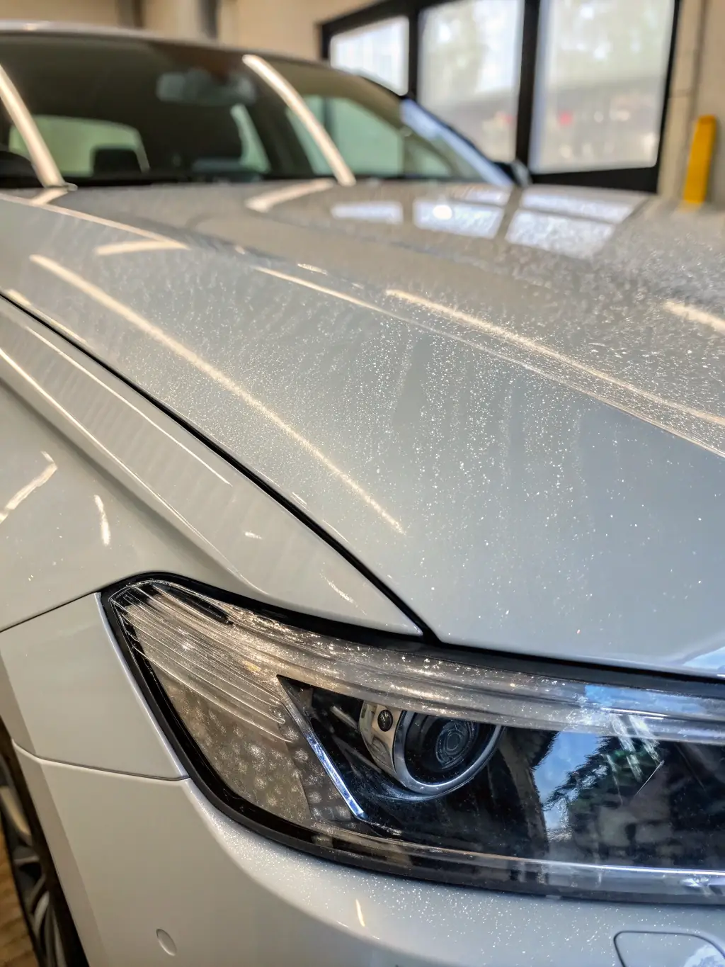 A car hood with visible rock chips on a section without paint protection, contrasted with a pristine section covered in paint protection film.