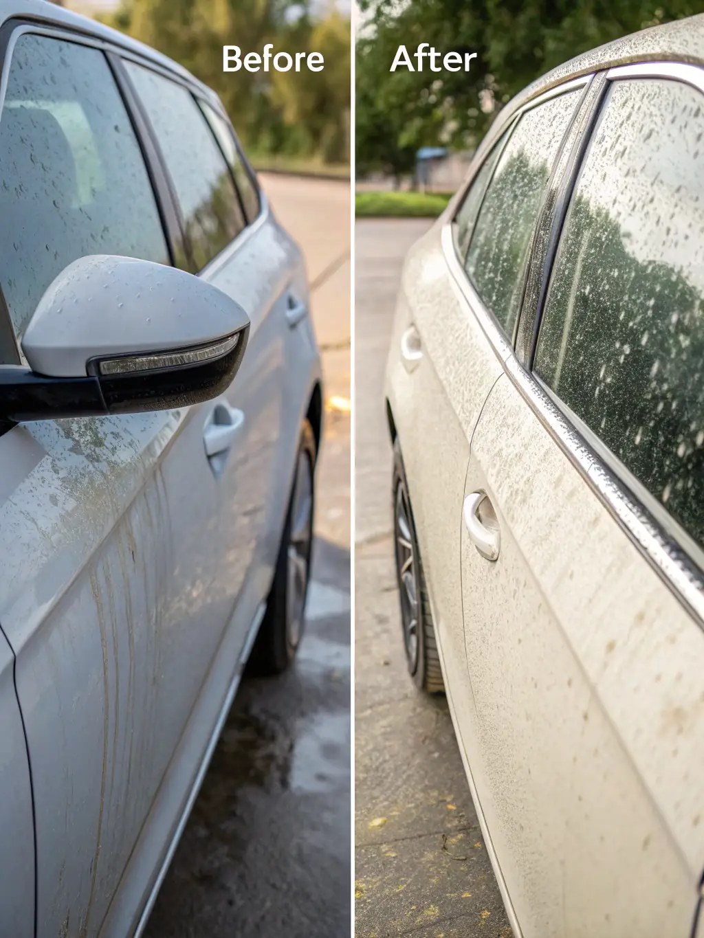A side-by-side comparison of two cars, one with dull, unprotected paint and the other with glossy, protected paint, highlighting the difference in appearance.