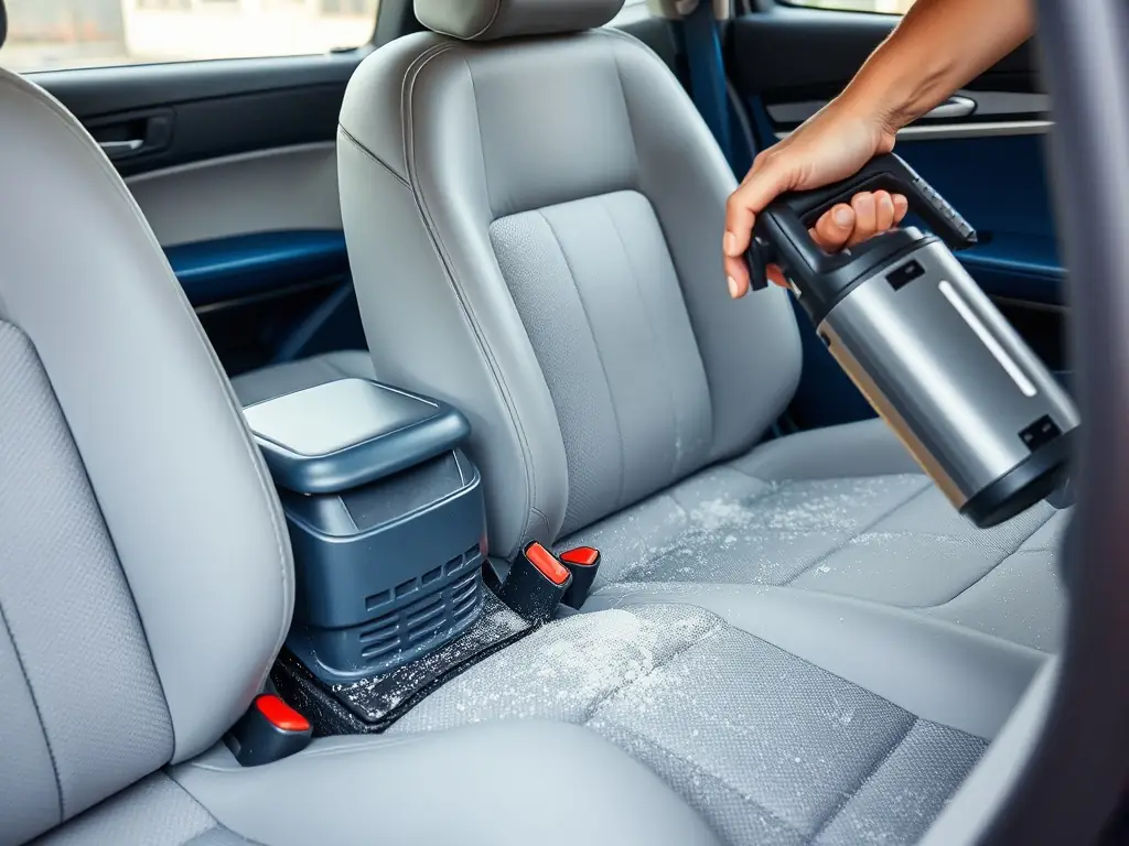 A close-up shot of a car interior being meticulously vacuumed, highlighting the attention to detail in removing dirt and debris from carpets and upholstery.