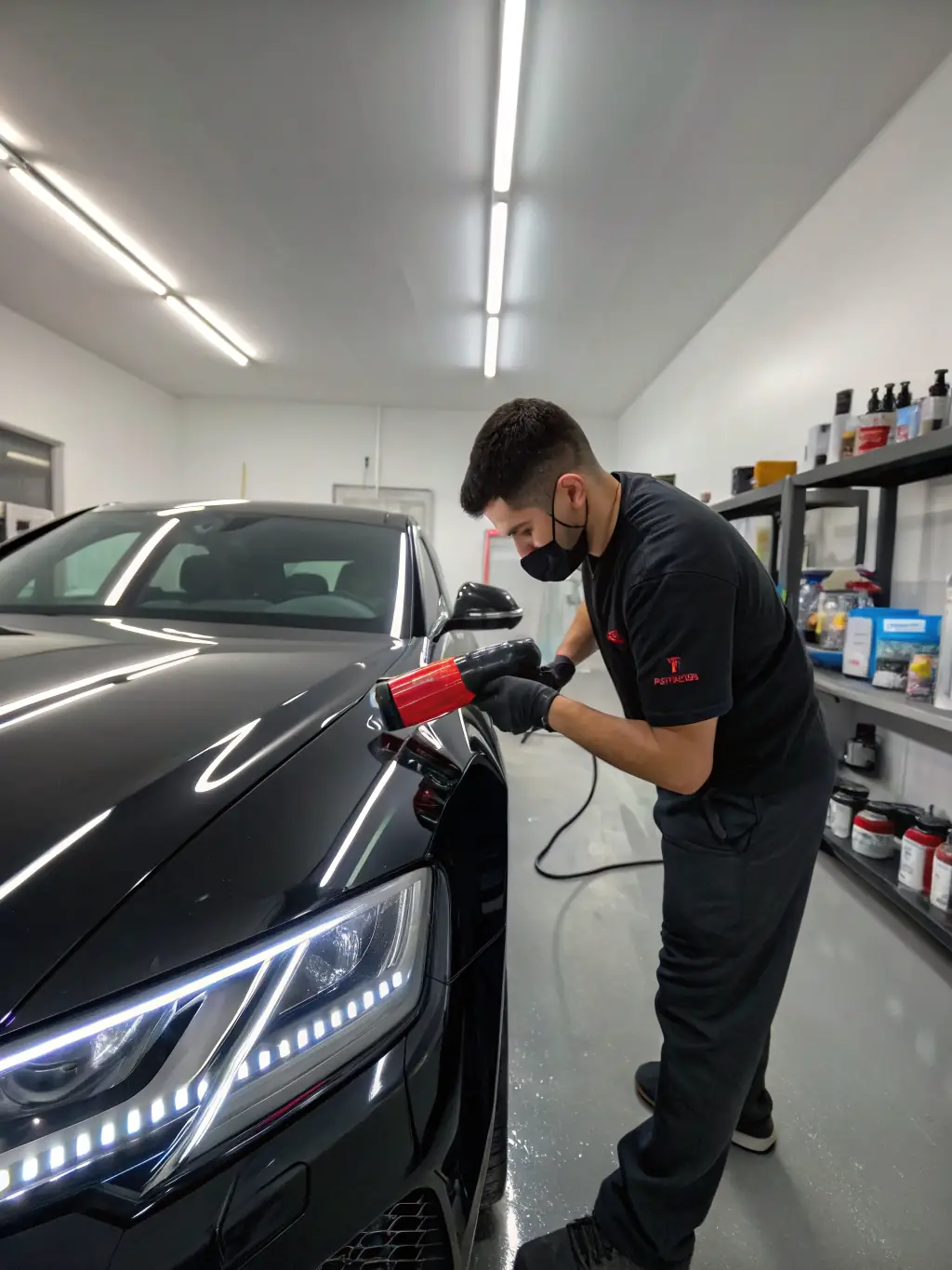 A close-up shot of a car's surface with paint protection film being applied, showcasing the precision and care taken during the application process.