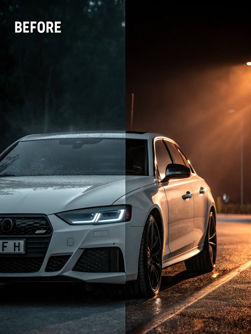 A split image showing a car's paint fading under UV exposure on one side, and the other side retaining its vibrant color due to paint protection.