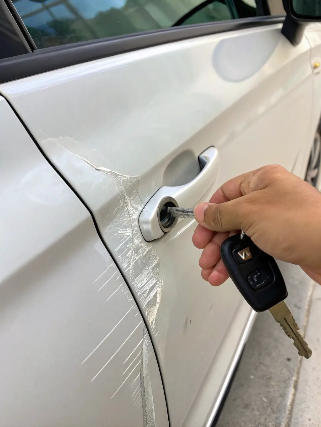 A close-up shot of a car door being lightly scratched with a key, but the paint protection film prevents any damage to the underlying paint.