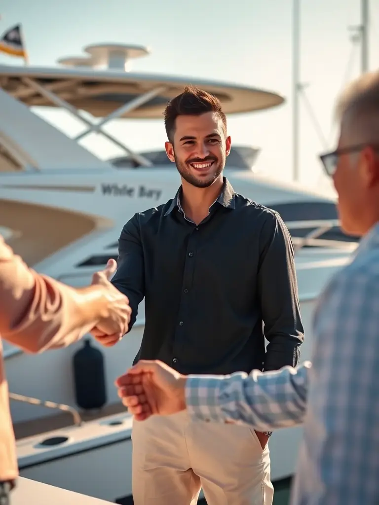 A photo of a smiling boat owner shaking hands with a Marine Mobile Detailing technician, symbolizing the company's dedication to customer satisfaction.