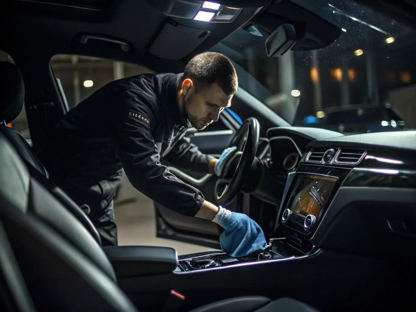A technician applying a protectant to the dashboard and other interior surfaces of a car, ensuring long-lasting protection and shine.