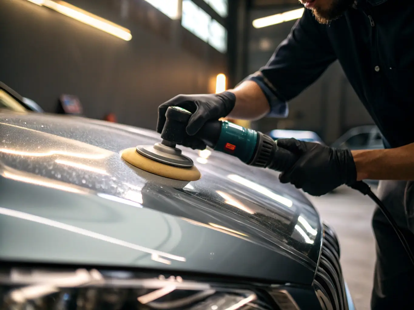 A close-up shot of a technician's hand carefully applying a polishing compound to a car's paint surface, highlighting the attention to detail and precision involved in the process.