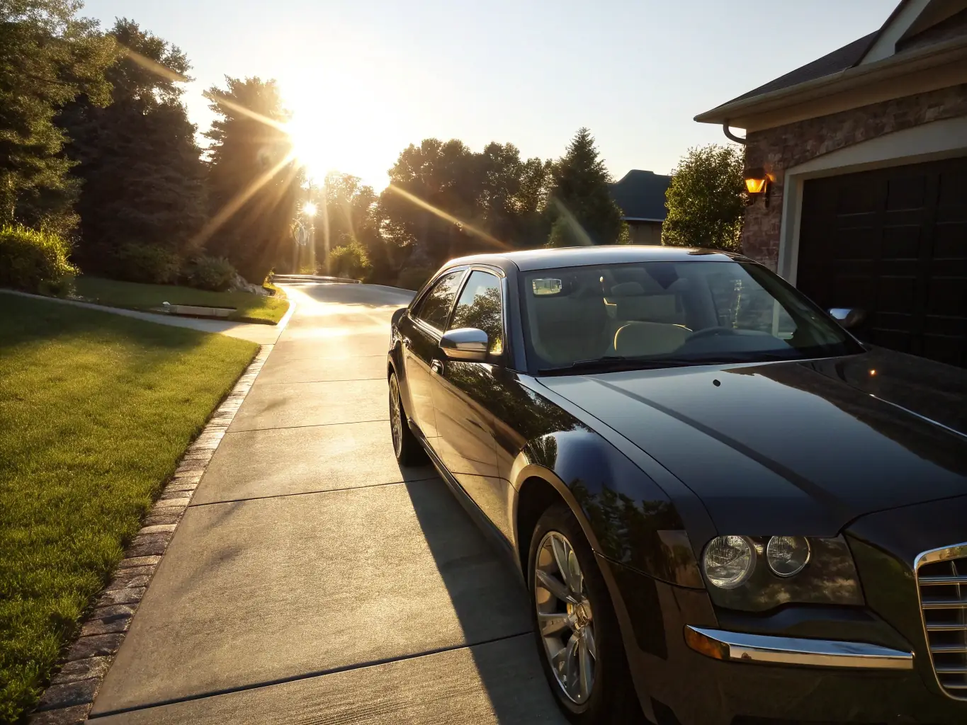 A gleaming, freshly detailed car parked in a suburban driveway, sunlight reflecting off the polished surface, showcasing the immediate visual impact of the service.