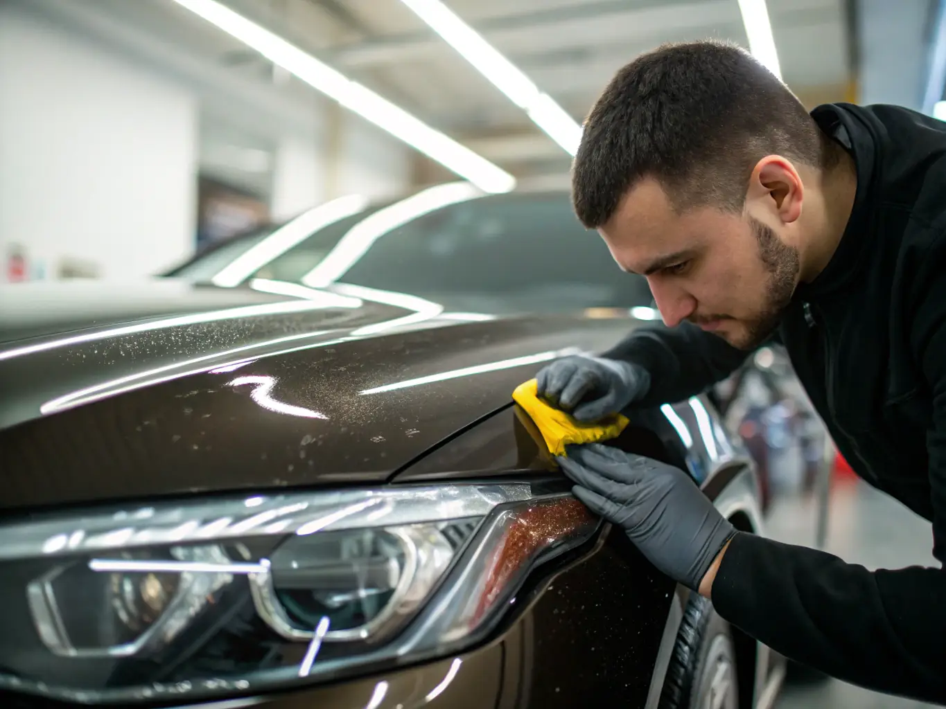 A high-angle shot of a technician using a clay bar on a car's surface to remove contaminants, showcasing the meticulous cleaning process.
