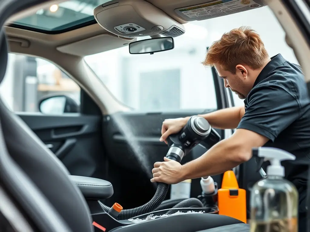 A close-up shot of a technician vacuuming the interior of a car, focusing on the removal of dirt and debris from the carpets and upholstery.