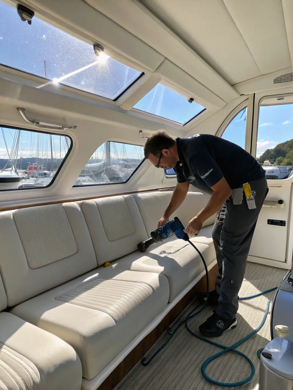 An interior shot of a boat cabin, showing a detailer vacuuming and cleaning upholstery, with attention to detail on the trim and fixtures.