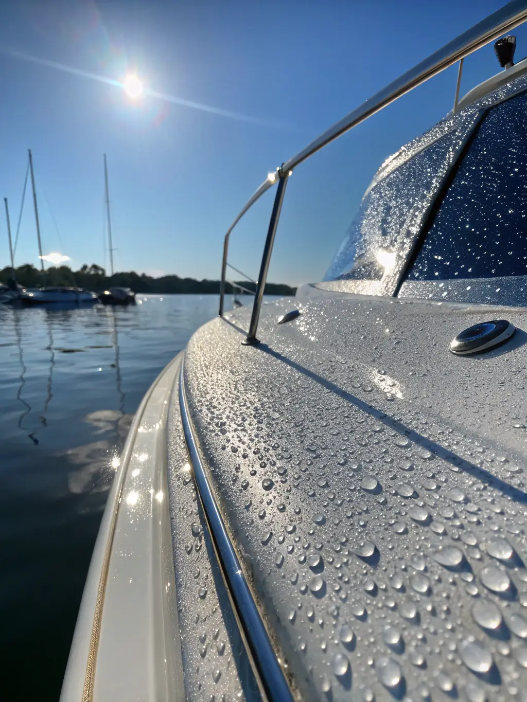 A high-angle, sunlit shot of a yacht's hull being meticulously washed by a detailer, showcasing the reflection of the water and sky on the clean surface.