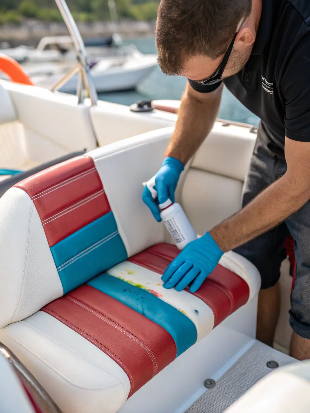 A close-up shot of a Marine Mobile Detailing technician expertly polishing a boat's surface, highlighting their attention to detail and years of experience.