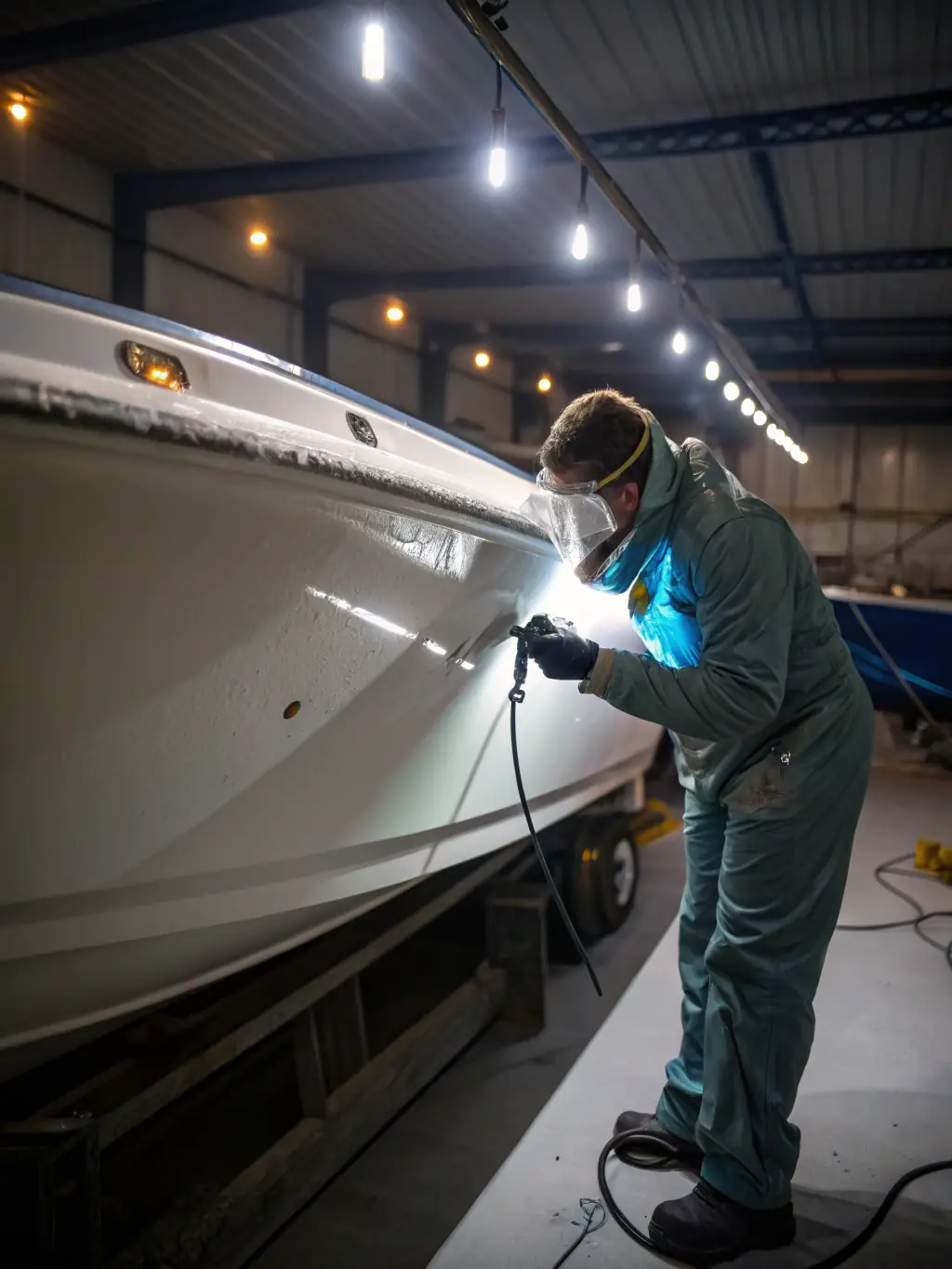 Close-up of a detailer applying a high-quality wax to a boat's gel coat, highlighting the smooth application and the resulting shine.