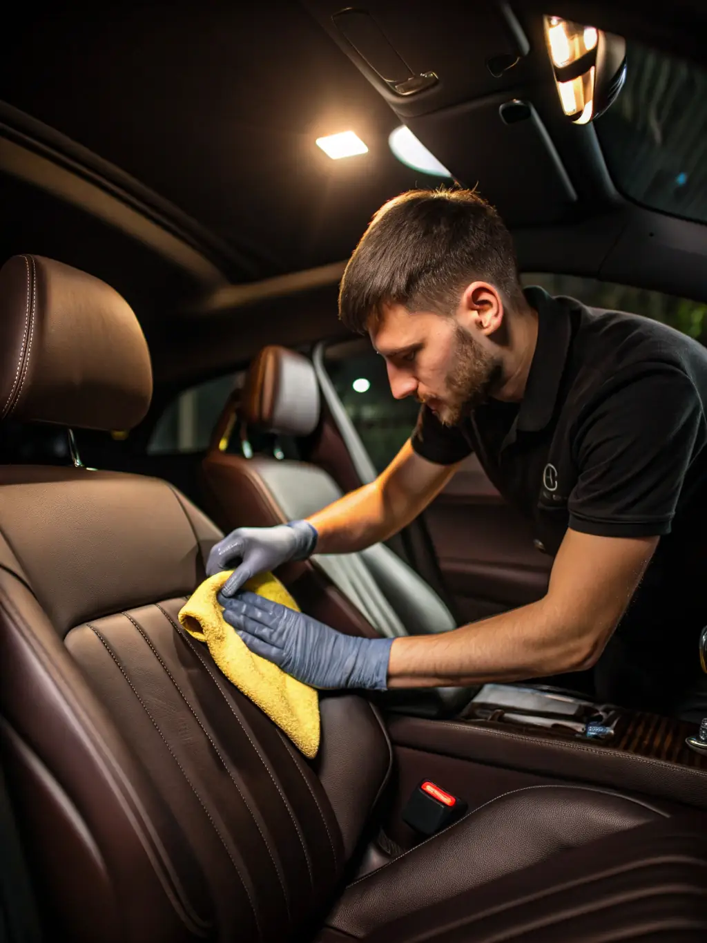 A professional detailing expert carefully cleaning leather car seats with specialized products, ensuring the material is conditioned and protected, showcasing the meticulous care involved.