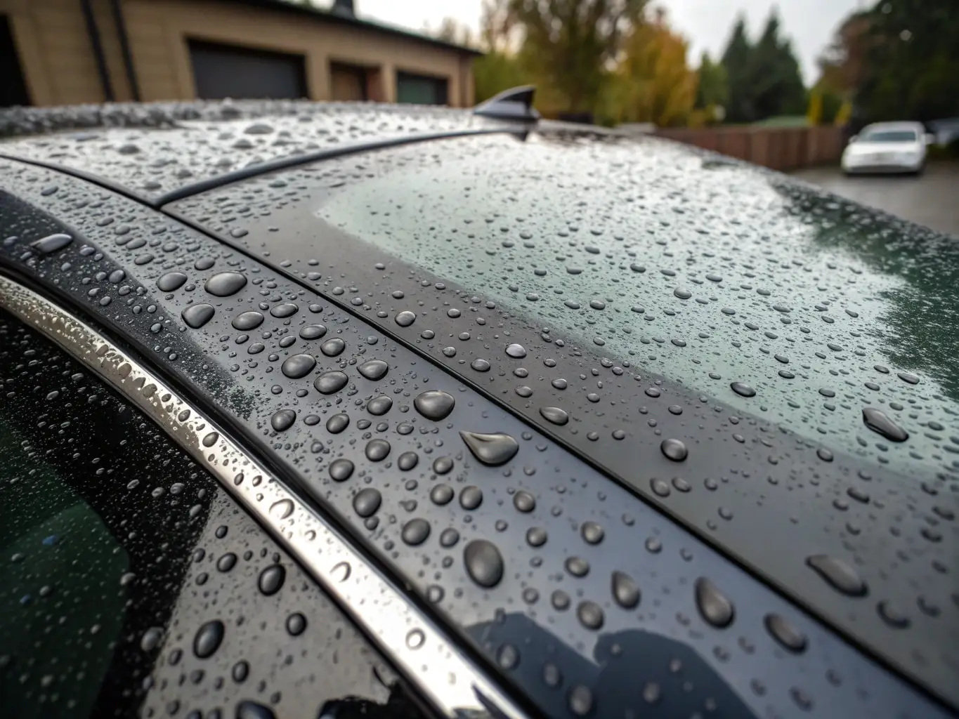 A close-up shot of water beading on a freshly waxed car surface, demonstrating the protective layer and hydrophobic properties achieved through detailing.
