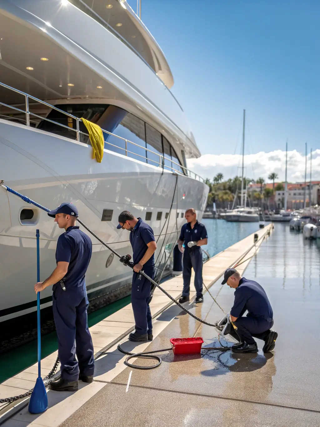 A high-resolution photo of a Marine Mobile Detailing van parked next to a luxury yacht, with technicians working diligently on the boat's exterior, showcasing the convenience of mobile service.